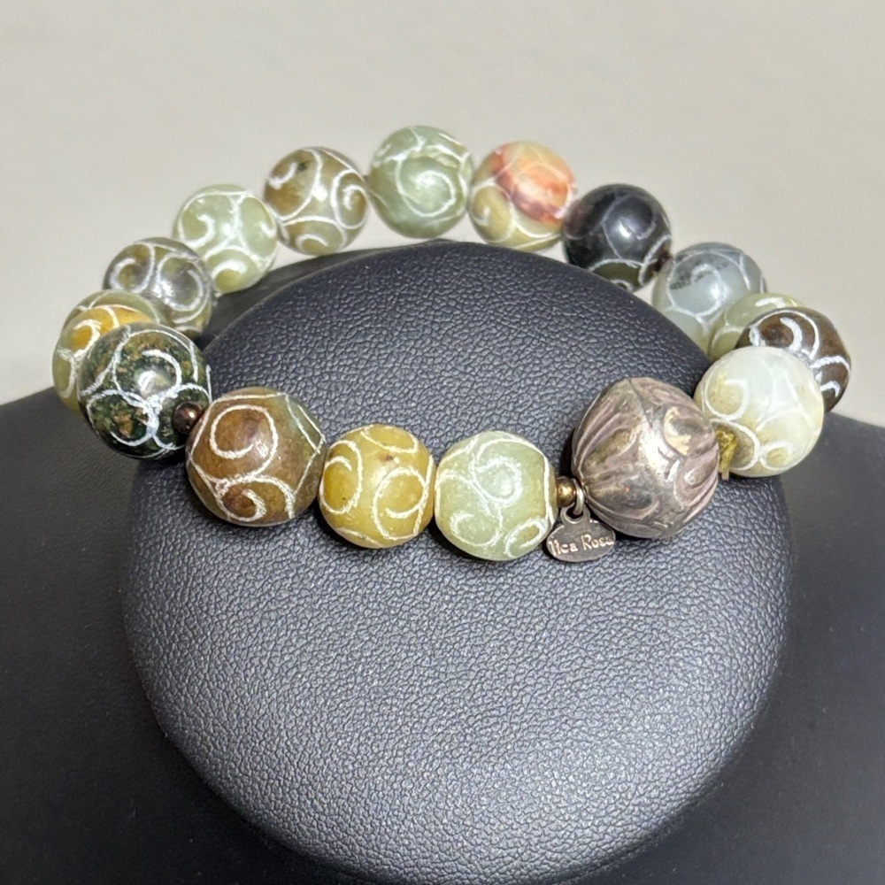 Ilca Rose .925 Carved Baltrain Natural Jade Earthy Tones Swirl Beaded Bracelet